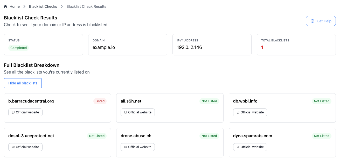 Screenshot of EmailGuard blacklist monitoring tool