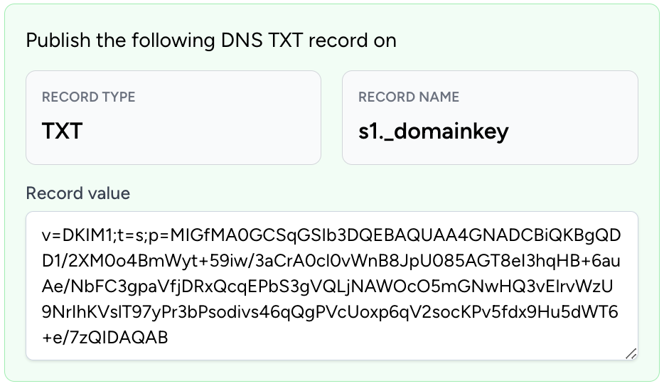 Example of DKIM record generated using EmailGuard
