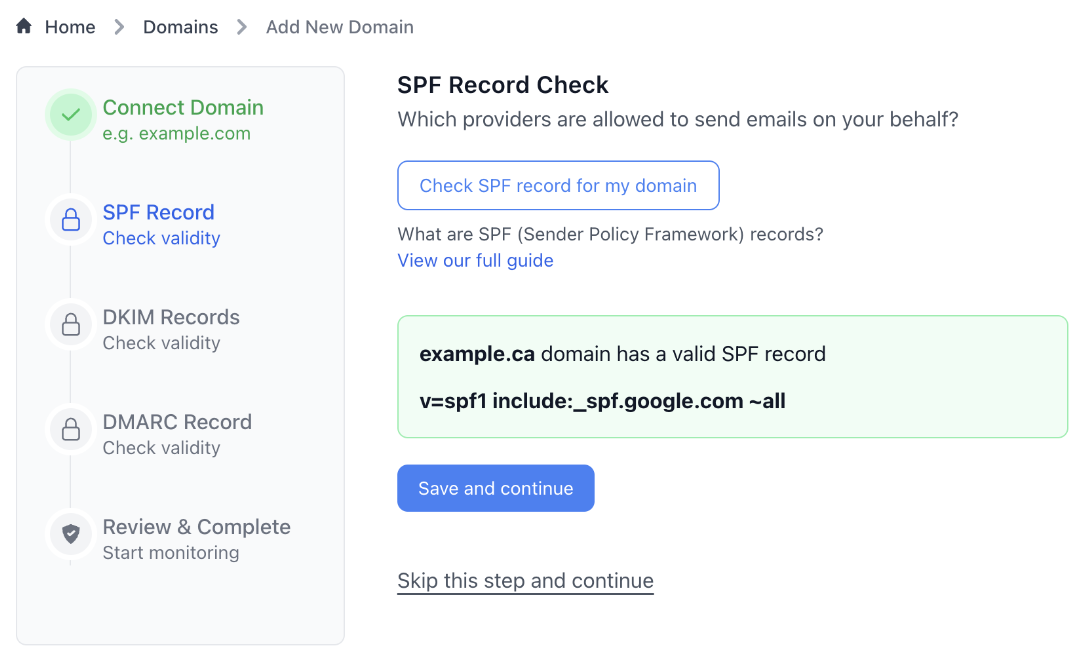 EmailGuard email auth check when adding a domain, focused on SPF record check