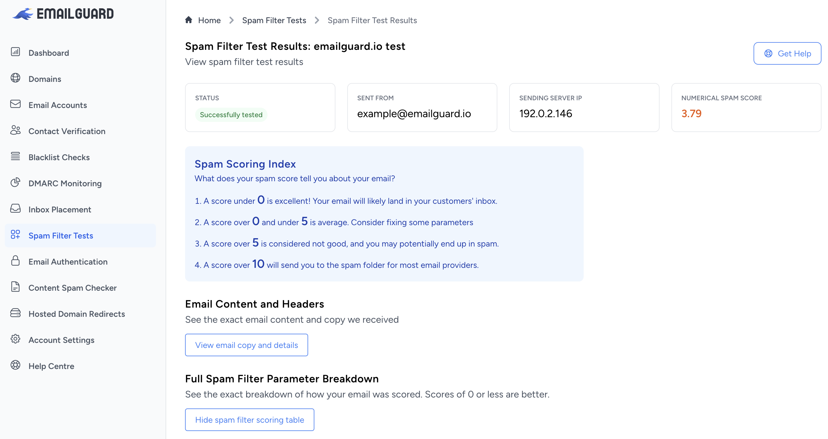 Email tester results screenshot