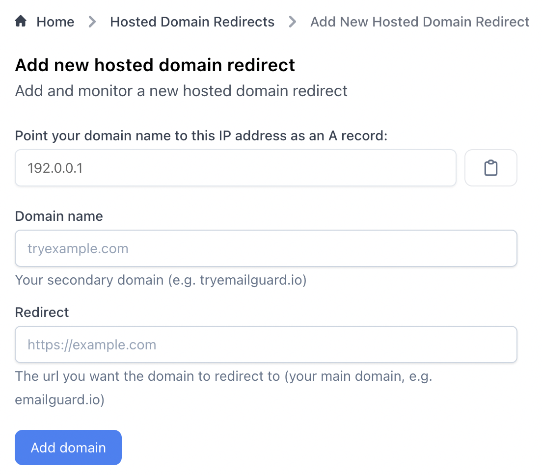Hosted domain redirects screenshot
