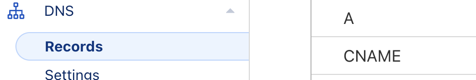 Screenshot of CNAME and A Record from Cloudflare.