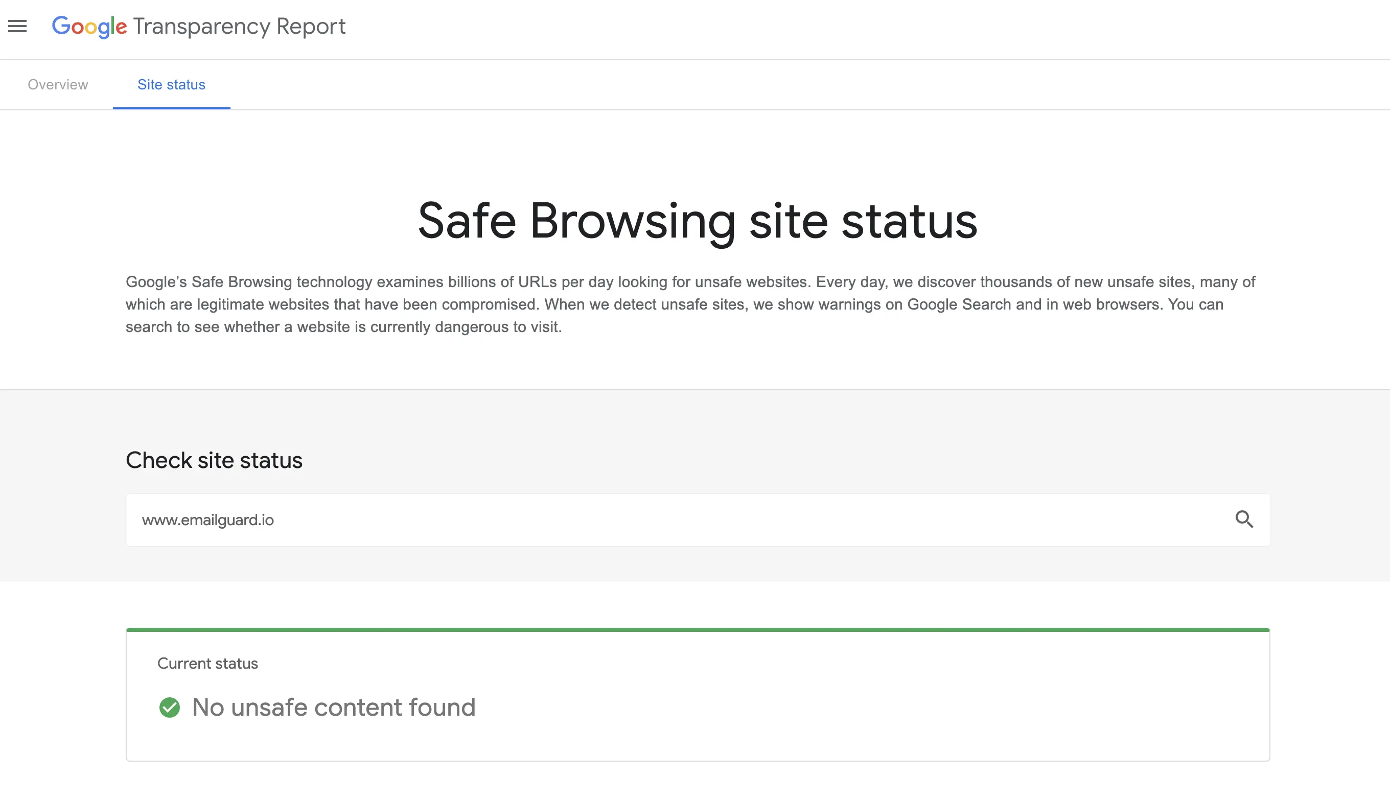 Screenshot of Google safe browsing site status