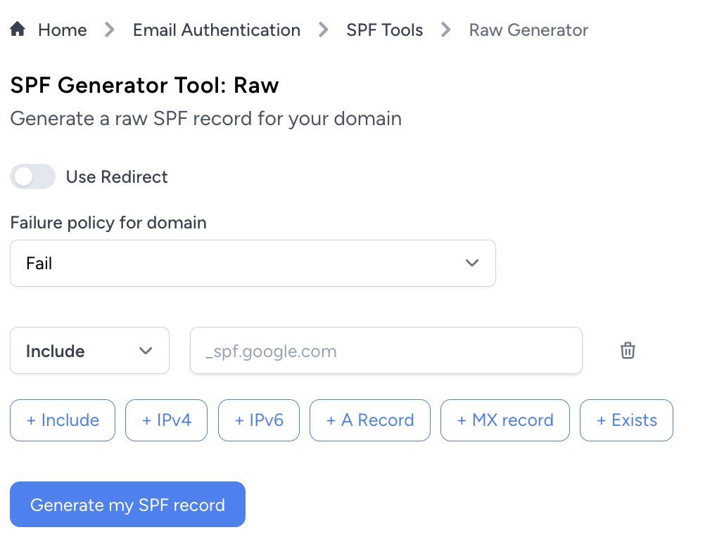 SPF record raw generator tool screenshot from EmailGuard